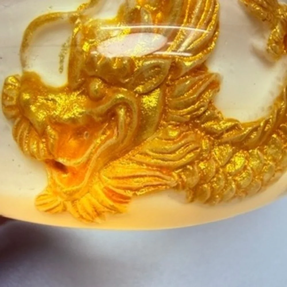 Chunky Vintage Asian Dragon White and Gold Lucite Bangle Bracelet 7.5